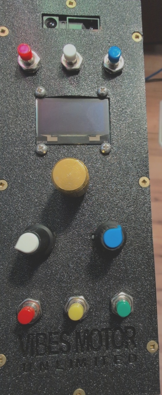 V2.0 control box faceplate with coloured controls and OLED display